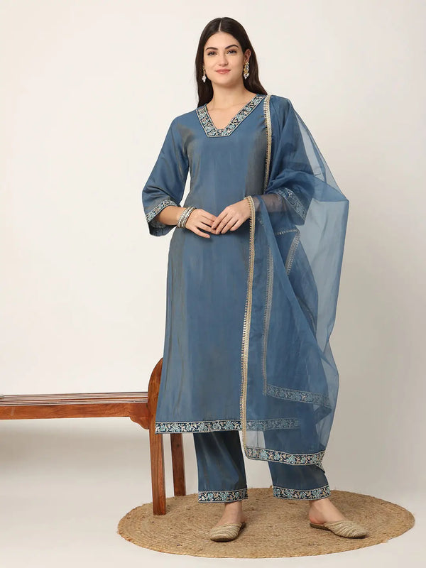 Yufta Blue Roman Silk Zari-Work On Yoke Straight Kurta Dupatta Set