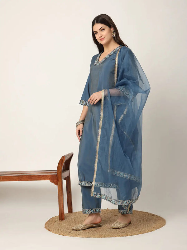 Yufta Blue Roman Silk Zari-Work On Yoke Straight Kurta Dupatta Set