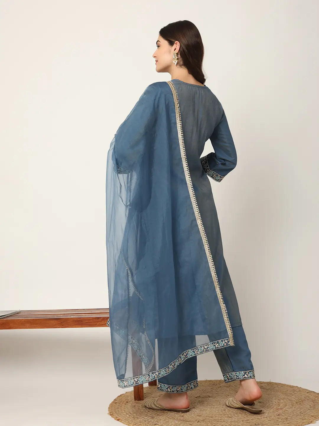 Yufta Blue Roman Silk Zari-Work On Yoke Straight Kurta Dupatta Set