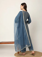 Thumbnail for Yufta Blue Roman Silk Zari-Work On Yoke Straight Kurta Dupatta Set
