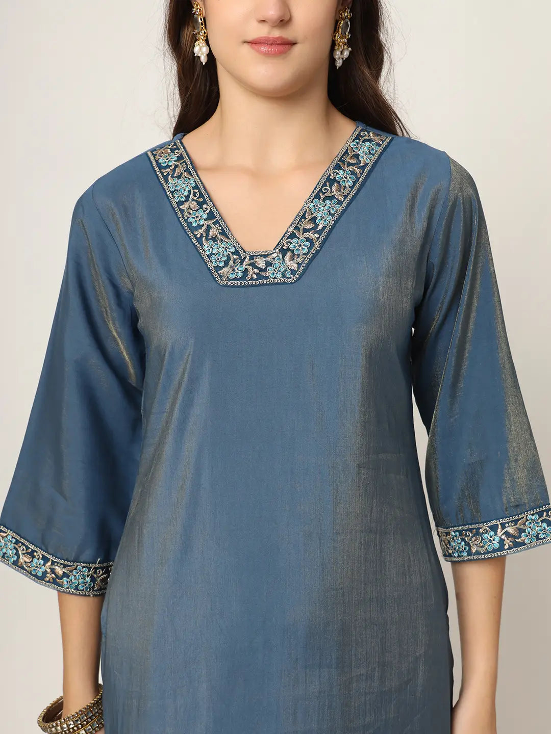 Yufta Blue Roman Silk Zari-Work On Yoke Straight Kurta Dupatta Set