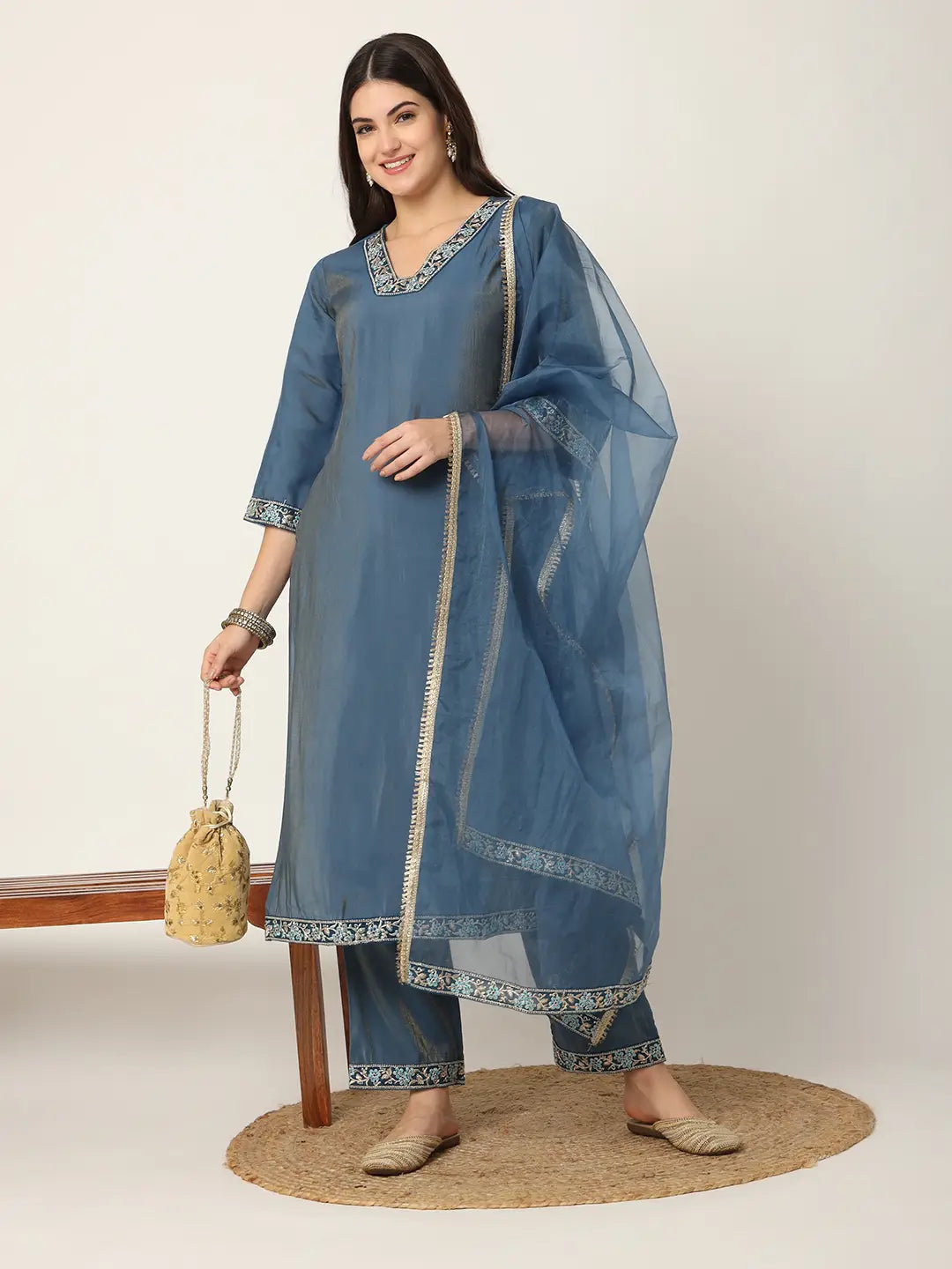 Yufta Blue Roman Silk Zari-Work On Yoke Straight Kurta Dupatta Set