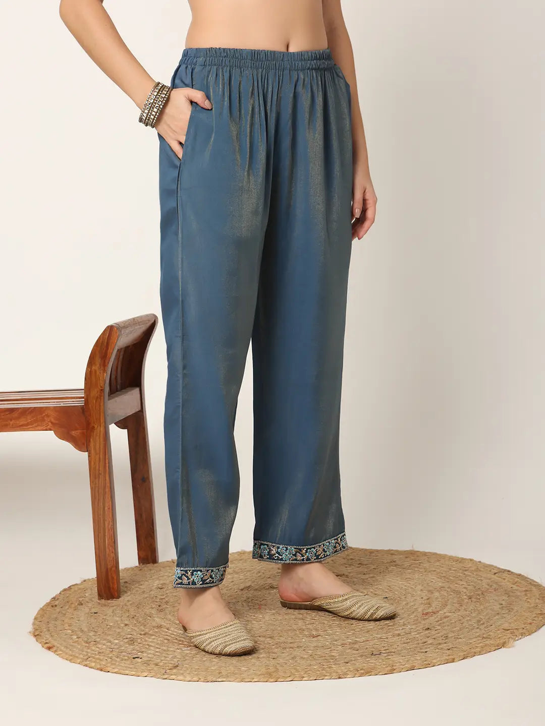 Yufta Blue Roman Silk Zari-Work On Yoke Straight Kurta Dupatta Set