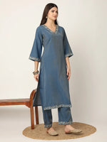 Thumbnail for Yufta Blue Roman Silk Zari-Work On Yoke Straight Kurta Dupatta Set
