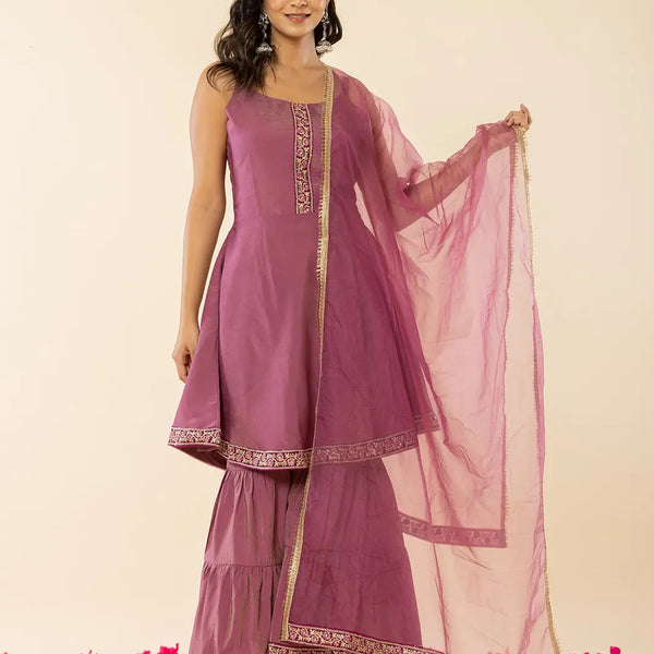 Yufta Purple Shoulder Straps Neck Sleeveless Regular Thread Work Kurta With Sharara With Dupatta Set - Distacart