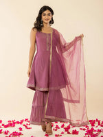 Thumbnail for Yufta Purple Shoulder Straps Neck Sleeveless Regular Thread Work Kurta With Sharara With Dupatta Set