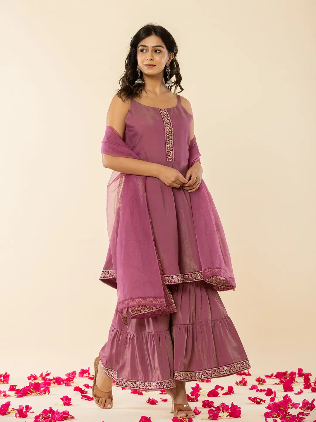 Yufta Purple Shoulder Straps Neck Sleeveless Regular Thread Work Kurta With Sharara With Dupatta Set - Distacart