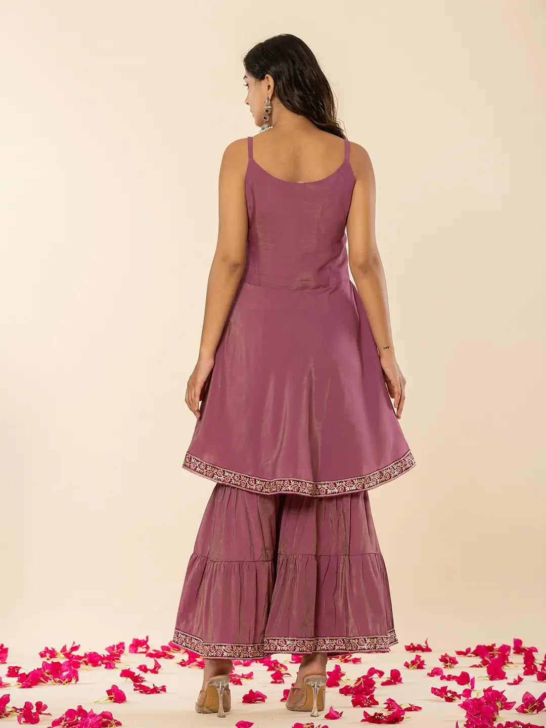 Yufta Purple Shoulder Straps Neck Sleeveless Regular Thread Work Kurta With Sharara With Dupatta Set