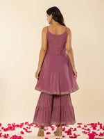 Thumbnail for Yufta Purple Shoulder Straps Neck Sleeveless Regular Thread Work Kurta With Sharara With Dupatta Set