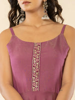 Thumbnail for Yufta Purple Shoulder Straps Neck Sleeveless Regular Thread Work Kurta With Sharara With Dupatta Set