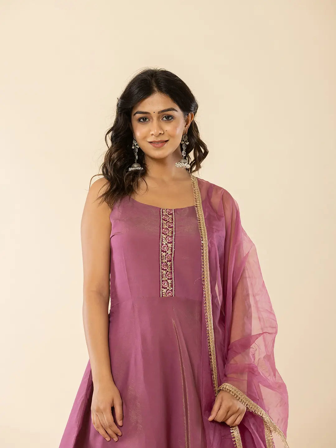 Yufta Purple Shoulder Straps Neck Sleeveless Regular Thread Work Kurta With Sharara With Dupatta Set