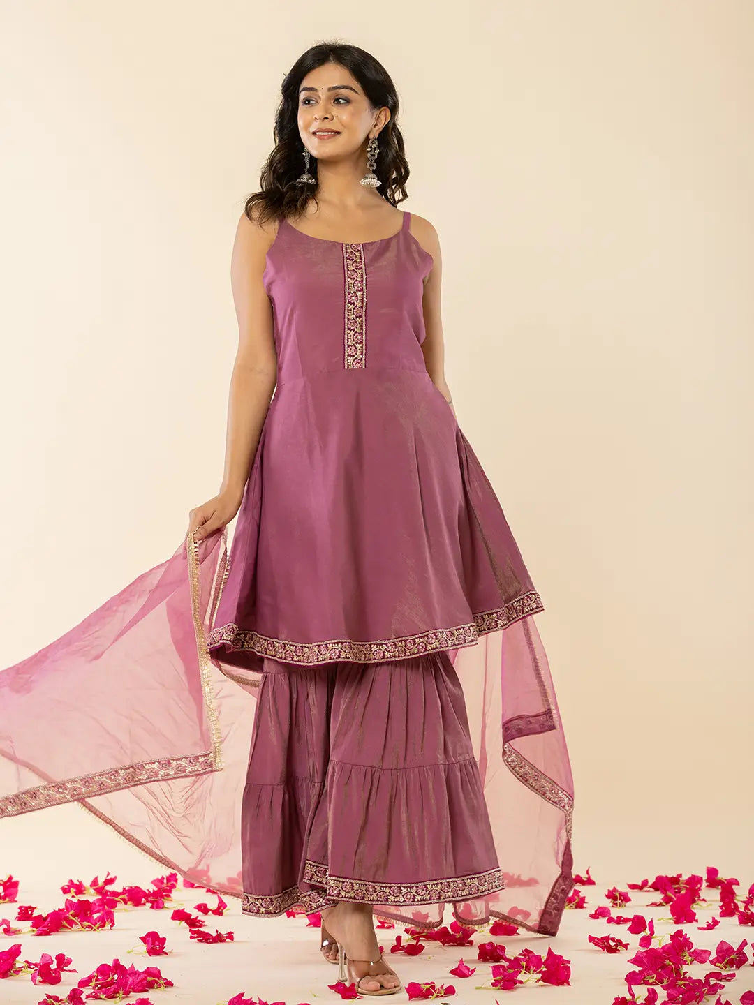 Yufta Purple Shoulder Straps Neck Sleeveless Regular Thread Work Kurta With Sharara With Dupatta Set