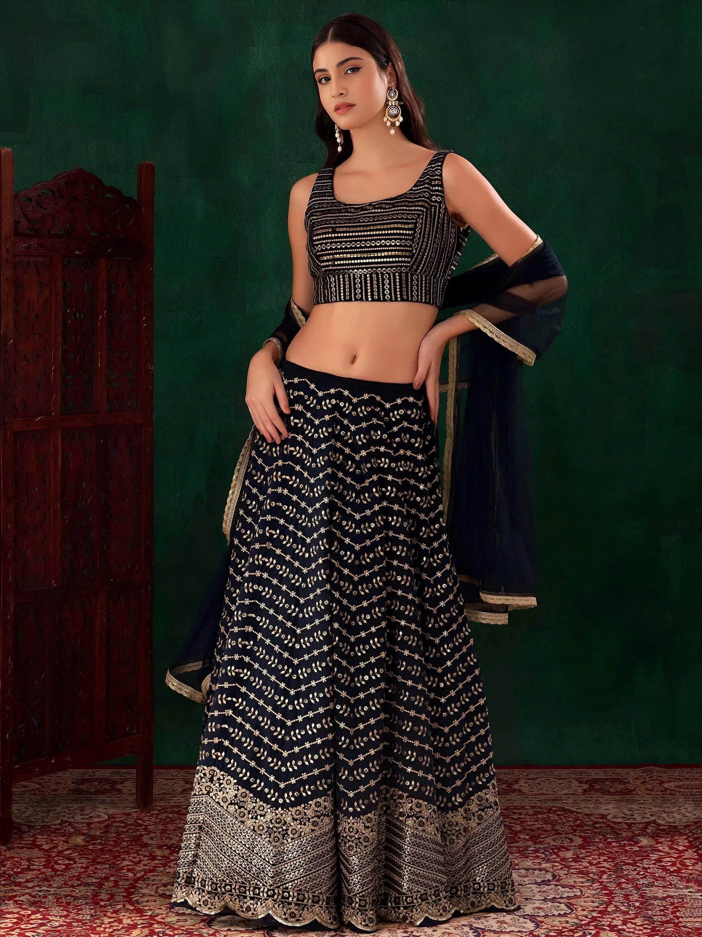 Tulsi Art Charming Navy Blue Sequins Georgette Party Wear Lehenga Choli - Dista
