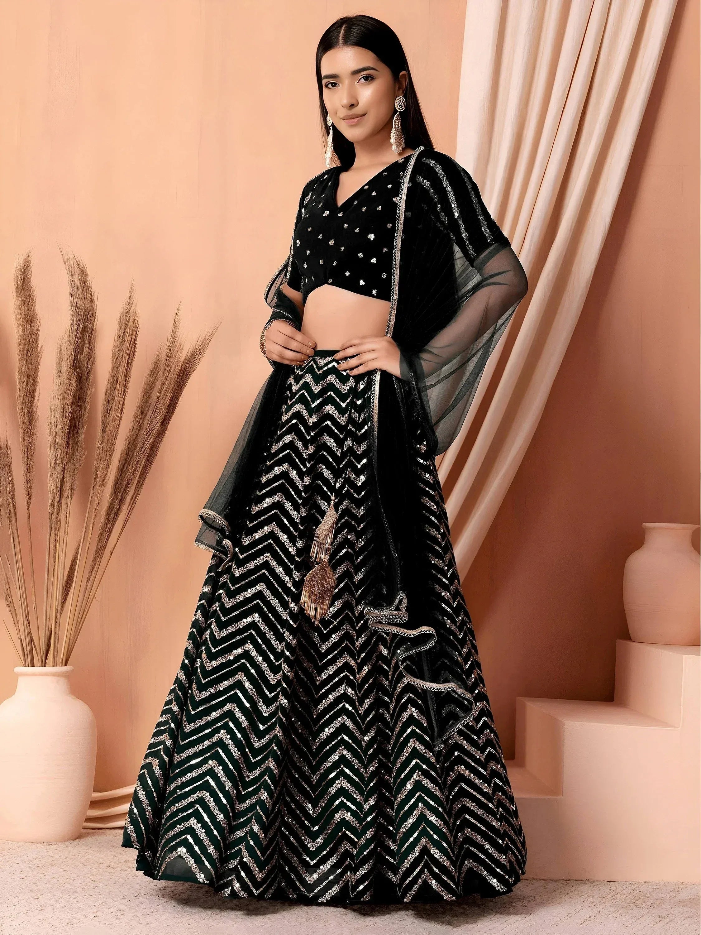 Tulsi Art Lovely Black Zari Embroidered Georgette Reception Wear Lehenga Choli - Dista