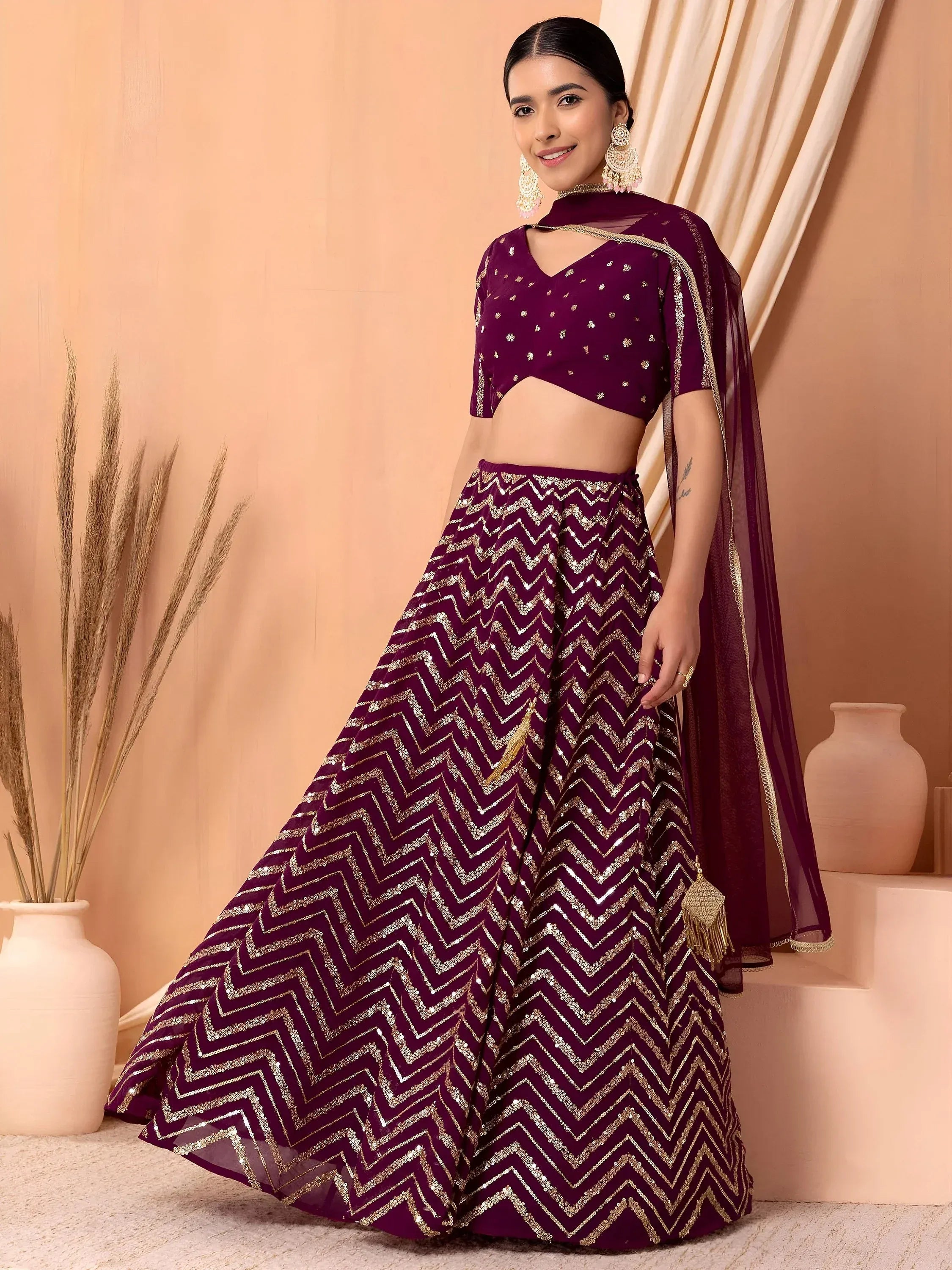 Tulsi Art Charming Maroon Zari Embroidered Georgette Wedding Lehenga Choli - Dista