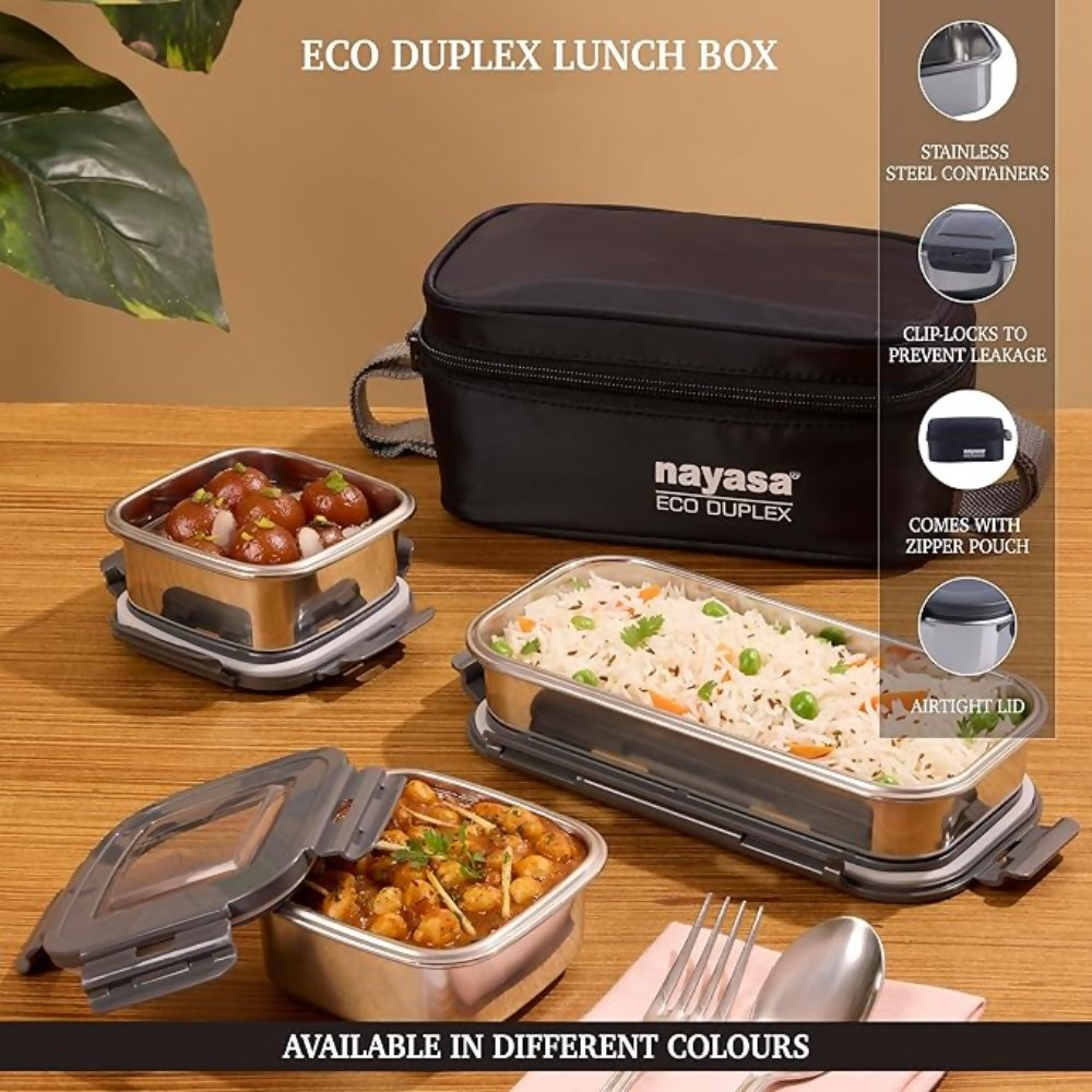 Nayasa Eco Duplex 3 Stainless Steel Office Lunch Box Set with Soft Insulated Bag - Dista