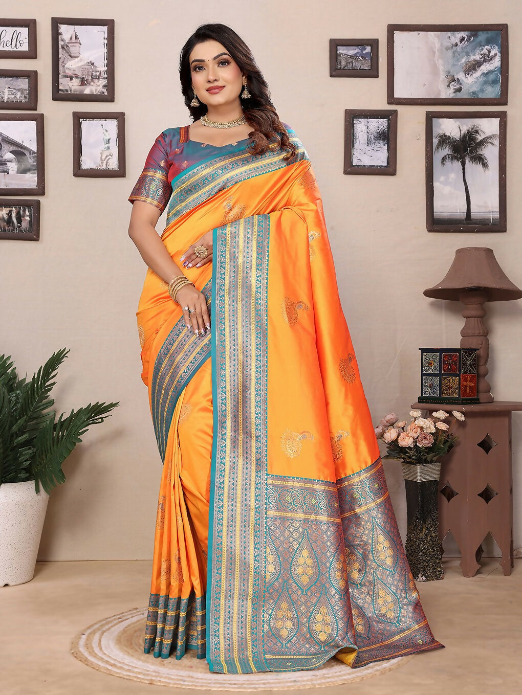 Joban Fashion Banarasi Orange Small Butti Soft Silk Saree