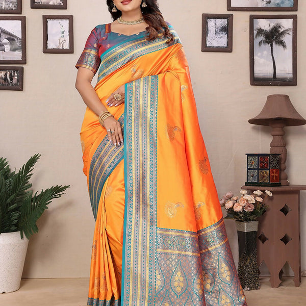 Joban Fashion Banarasi Orange Small Butti Soft Silk Saree - Distacart
