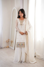 Thumbnail for Lorenvalley Fashion White Crunchy Silk with Embroidery Sequence, Dori, Jari Work Kurta Palazzo with Dupatta - Distacart