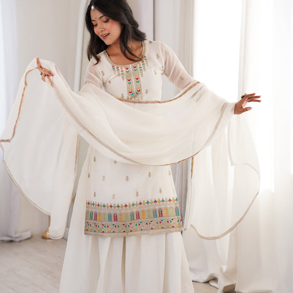 Lorenvalley Fashion White Crunchy Silk with Embroidery Sequence, Dori, Jari Work Kurta Palazzo with Dupatta - Distacart