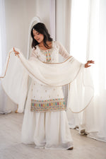 Thumbnail for Lorenvalley Fashion White Crunchy Silk with Embroidery Sequence, Dori, Jari Work Kurta Palazzo with Dupatta - Distacart