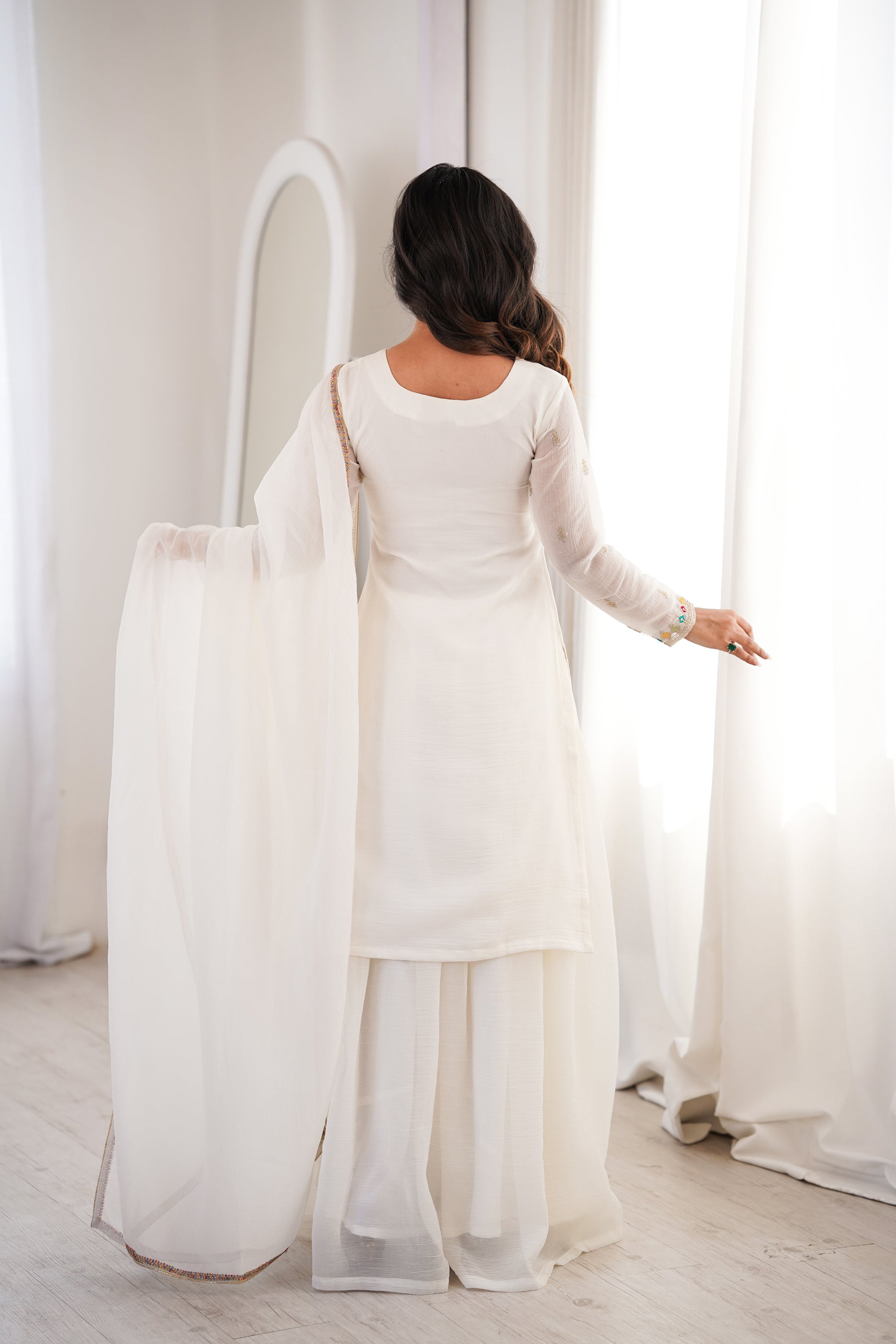 Lorenvalley Fashion White Crunchy Silk with Embroidery Sequence, Dori, Jari Work Kurta Palazzo with Dupatta - Distacart