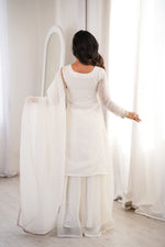 Thumbnail for Lorenvalley Fashion White Crunchy Silk with Embroidery Sequence, Dori, Jari Work Kurta Palazzo with Dupatta - Distacart