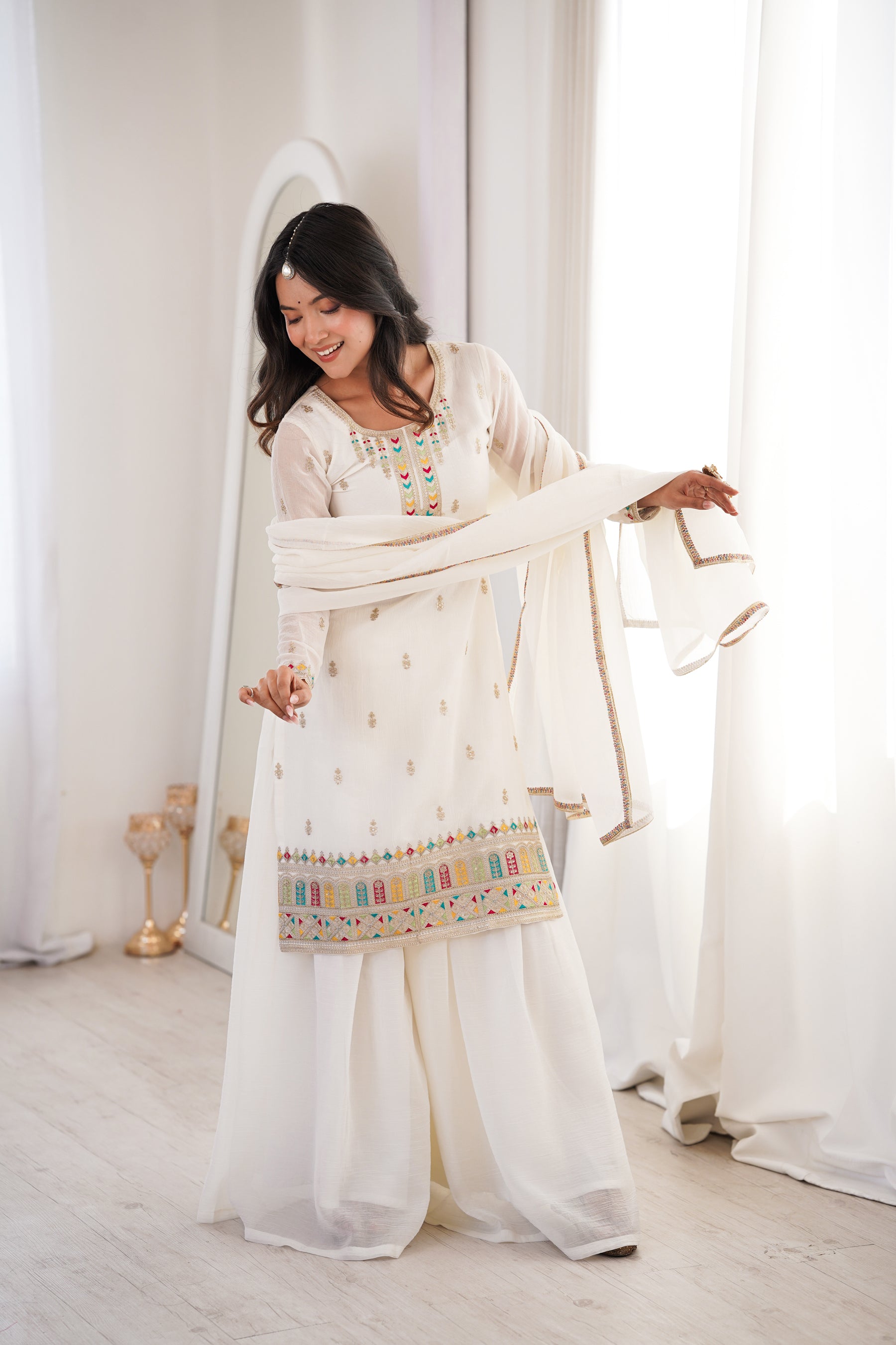 Lorenvalley Fashion White Crunchy Silk with Embroidery Sequence, Dori, Jari Work Kurta Palazzo with Dupatta - Distacart