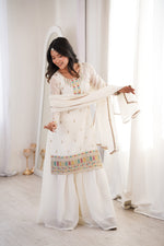 Thumbnail for Lorenvalley Fashion White Crunchy Silk with Embroidery Sequence, Dori, Jari Work Kurta Palazzo with Dupatta - Distacart