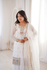 Thumbnail for Lorenvalley Fashion White Crunchy Silk with Embroidery Sequence, Dori, Jari Work Kurta Palazzo with Dupatta - Distacart