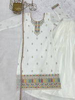 Thumbnail for Lorenvalley Fashion White Crunchy Silk with Embroidery Sequence, Dori, Jari Work Kurta Palazzo with Dupatta - Distacart