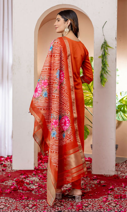 Teeya Creation Womens Orange Embroidered Kurta Pant Set - Dista
