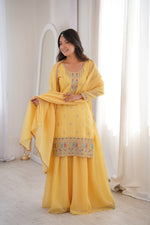 Thumbnail for Lorenvalley Fashion Yellow Crunchy Silk with Embroidery Sequence, Dori, Jari Work Kurta Palazzo with Dupatta - Distacart