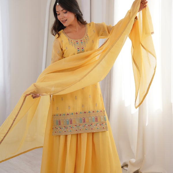 Lorenvalley Fashion Yellow Crunchy Silk with Embroidery Sequence, Dori, Jari Work Kurta Palazzo with Dupatta - Distacart