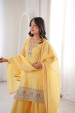 Thumbnail for Lorenvalley Fashion Yellow Crunchy Silk with Embroidery Sequence, Dori, Jari Work Kurta Palazzo with Dupatta - Distacart