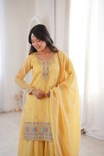 Thumbnail for Lorenvalley Fashion Yellow Crunchy Silk with Embroidery Sequence, Dori, Jari Work Kurta Palazzo with Dupatta - Distacart