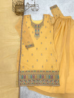 Thumbnail for Lorenvalley Fashion Yellow Crunchy Silk with Embroidery Sequence, Dori, Jari Work Kurta Palazzo with Dupatta - Distacart