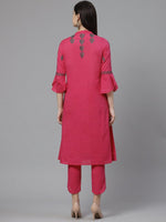 Thumbnail for ADA Women Pink & Charcoal Grey Chikankari Embroidered Sustainable Handloom Kurta with Trousers - Distacart