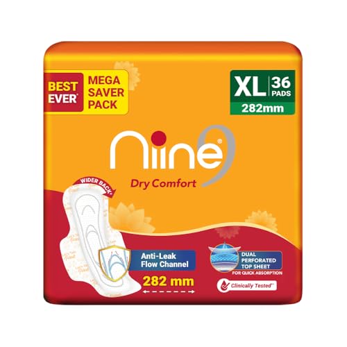 Niine Dry Comfort XL Sanitary Pads for Women |36 Pads, Pack of 1| 282 mm Long| Fast Absorption| Prevents Wetness & Leakage| Enjoy Leak-free Periods |With Anti-Leak Flow Channel