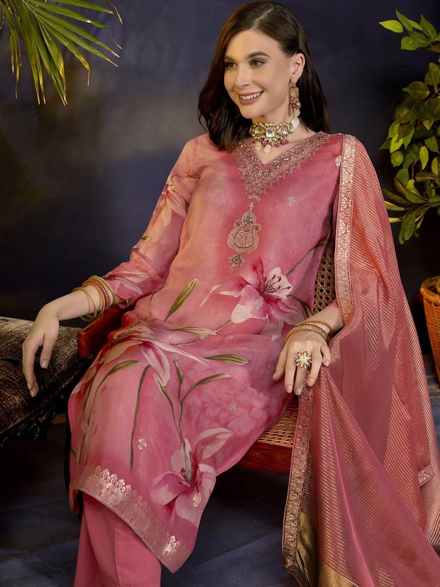 Anouk Peach Floral Printed Jacquard Organza Straight Kurta With Trousers & Dupatta - Distacart