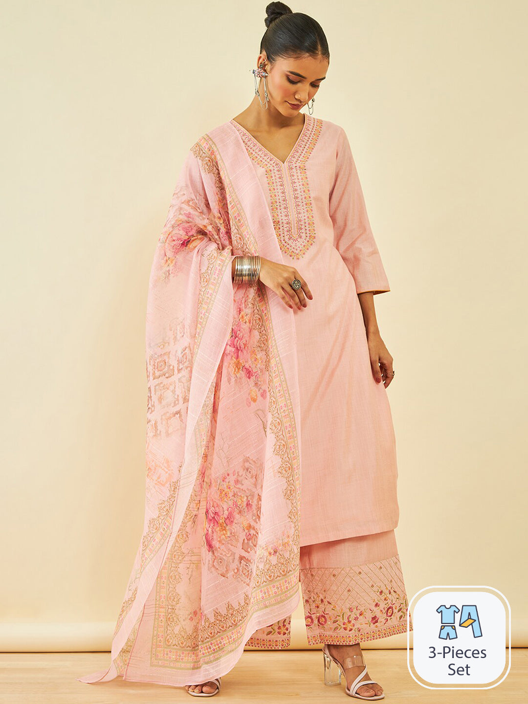 Soch Floral Yoke Design Thread Work V-Neck Kurta With Palazzos & Dupatta - Distacart