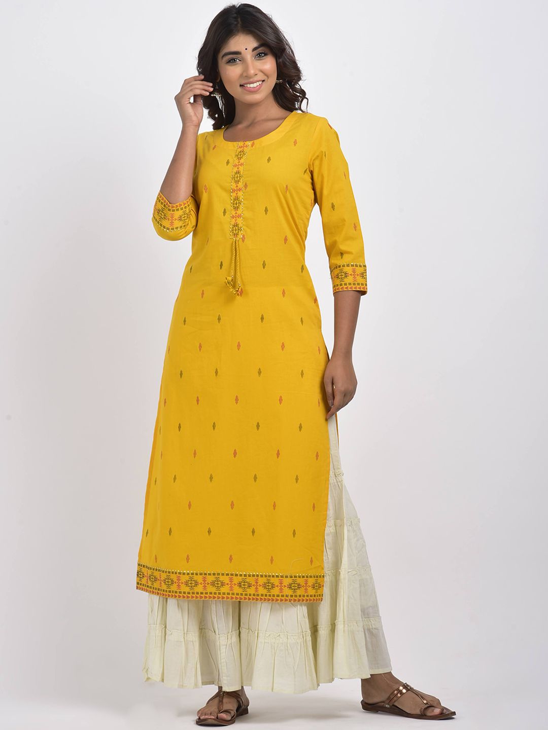 Swasti Women Yellow Geometric Embroidered Mirror Work Floral Kurta - Distacart