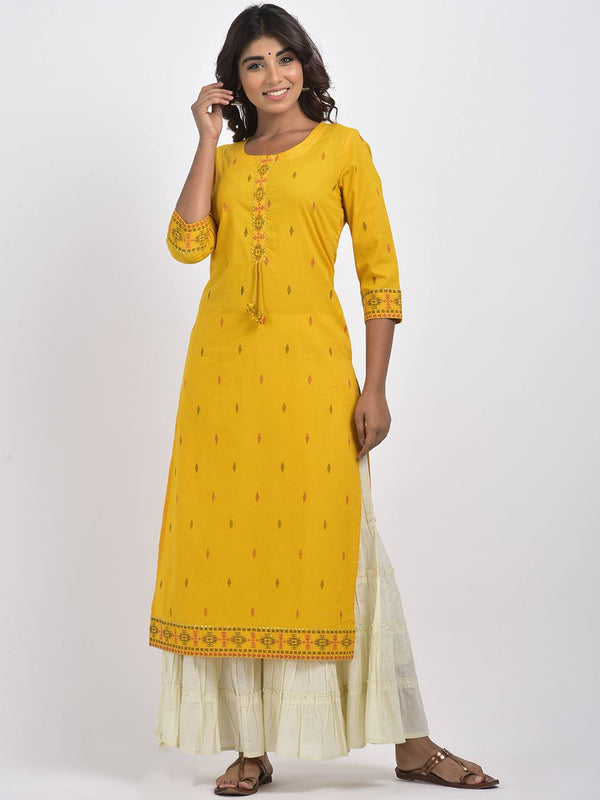 Swasti Women Yellow Geometric Embroidered Mirror Work Floral Kurta - Distacart