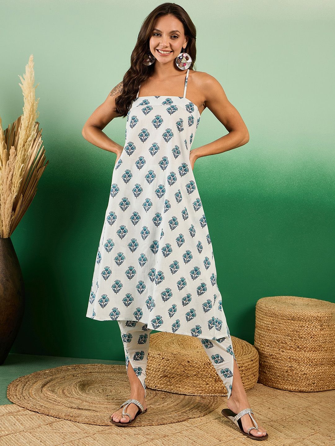 Sangria Floral Boota Printed Sleeveless A-Line Pure Cotton Kurta With Dhoti Pant - Distacart