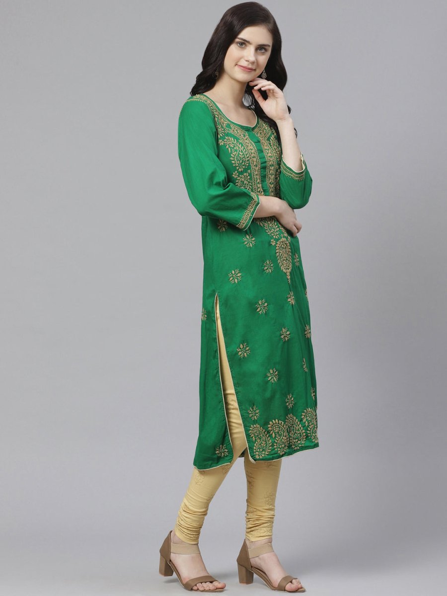 ADA Women Green & Beige Chikankari Embroidered Sustainable Handloom Kurta with Churidar - Distacart