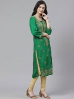 Thumbnail for ADA Women Green & Beige Chikankari Embroidered Sustainable Handloom Kurta with Churidar - Distacart