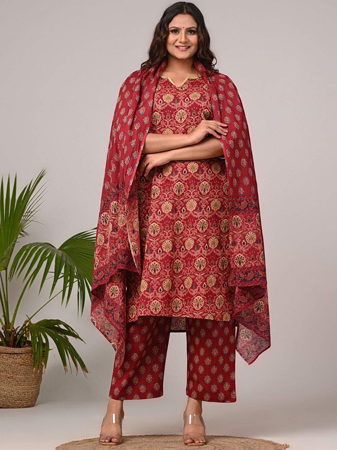 Swasti Women Floral Printed Regular Sequinned Pure Cotton Kurta with Trousers & With Dupatta - Distacart