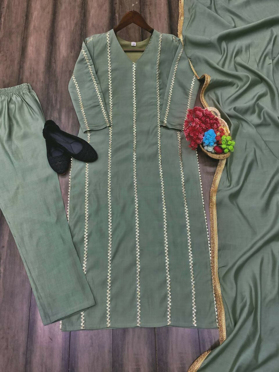 Preksha Creation Women Designer Wear Trending Roman Silk Top With Lace Work With Pant With Dupatta - Light Green - Distacart