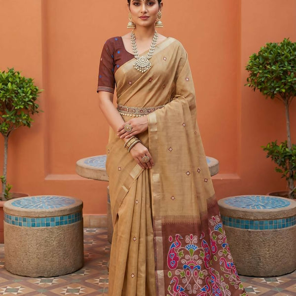Vastranavya Cream Muga Cotton Meenakari & Azarakh Pallu Saree with Contrast Blouse - Distacart