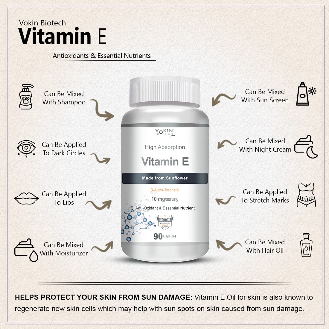 Vokin Biotech Natural Vitamin E from Sunflower - D-Alpha-Tocpherol - 10mg - 90 Capsules